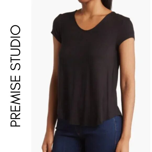 Premise Tops - Premise Studio Women’s Large Black Scoop Neck Cap Sleeve T-Shirt